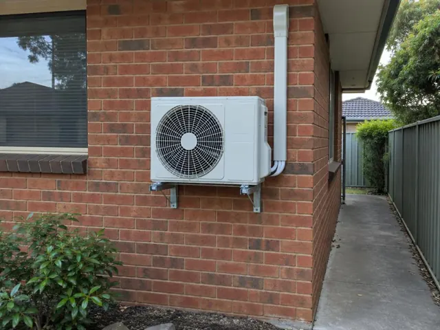 Outdoor split-system unit mounted on a brick house wall beside a narrow side path in Wynn Vale